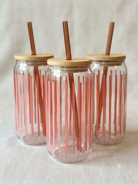 Mainstay Pink Stripe Glass Tumbler Set with Bamboo Lids and Straws